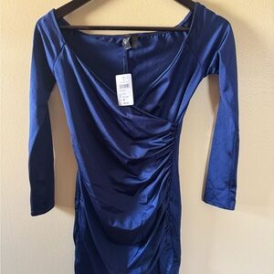 Windsor Royal Blue Long Sleeve Ruched Wrap-Front Dress